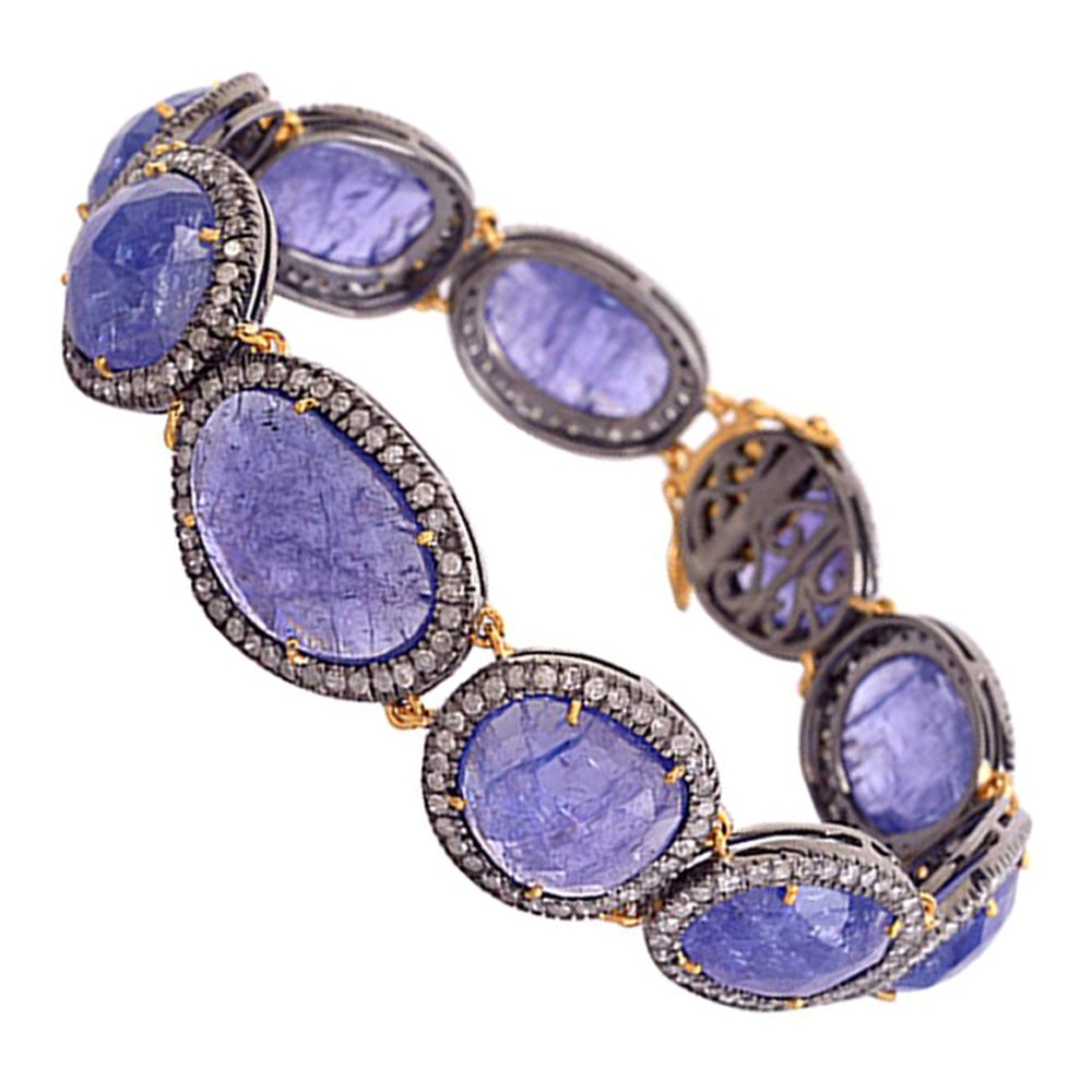 Tanzanite Bracelet with Pave Diamonds Made in 18k Gold & Silver For Sale