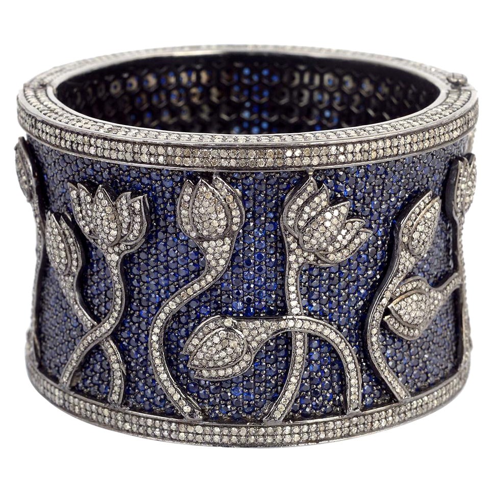 60.32cts Designer Diamond and Sapphire Flower Cuff Bangle in Gold & Silver For Sale