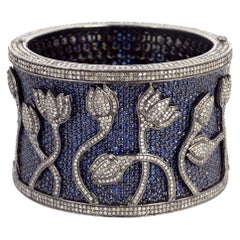 60.32cts Designer Diamond and Sapphire Flower Cuff Bangle in Gold & Silver
