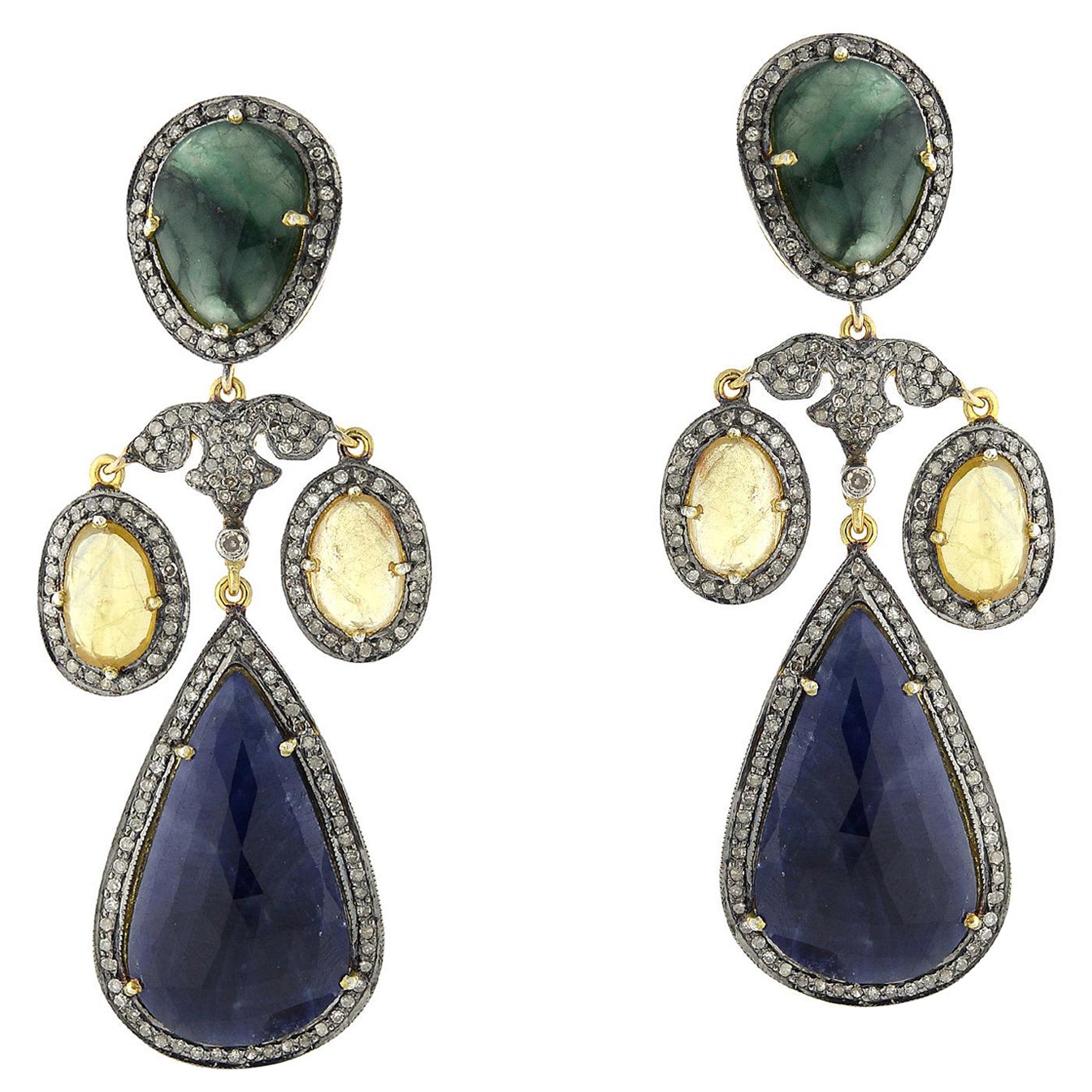 Multi Sapphire & Emerald Earrings with Diamonds Made in 14k Yellow Gold & Silver For Sale