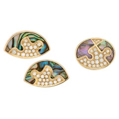 Vintage Gubelin Abalone Shell 18k Gold and Diamond Earclips and Ring