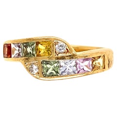 Rainbow Sapphire and Diamond Gold Crossover Bypass Band Ring Estate Fine Jewelry