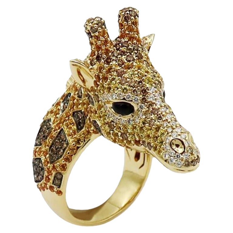 Lucky Brown Diamond Yellow Sapphire Onyx Yellow Gold Giraffe Ring for Her For Sale