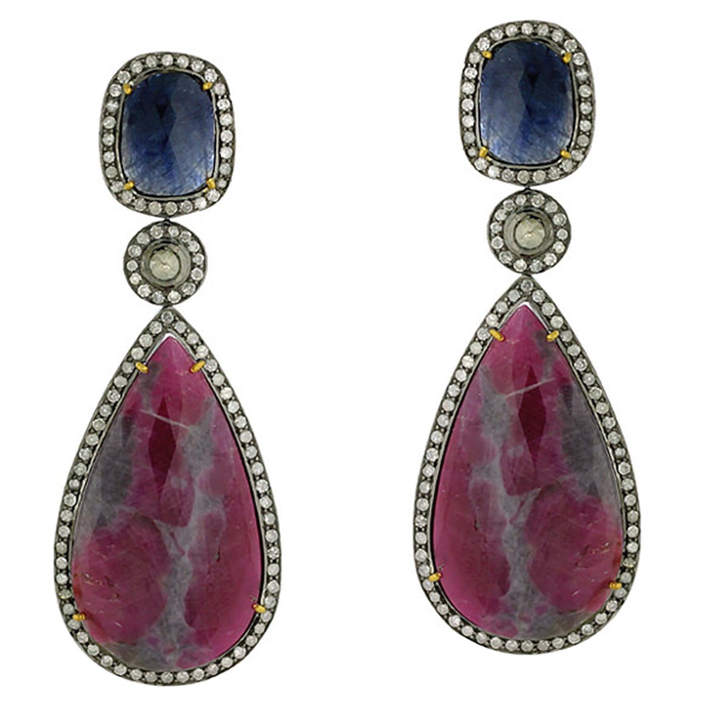 Multi Colored Multi Sapphire Earring with Diamonds in 18k Yellow Gold & Silver For Sale