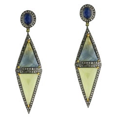 Rhombus Shaped Multi Sapphire Dangle Earrings with Diamonds in 18k Yellow Gold