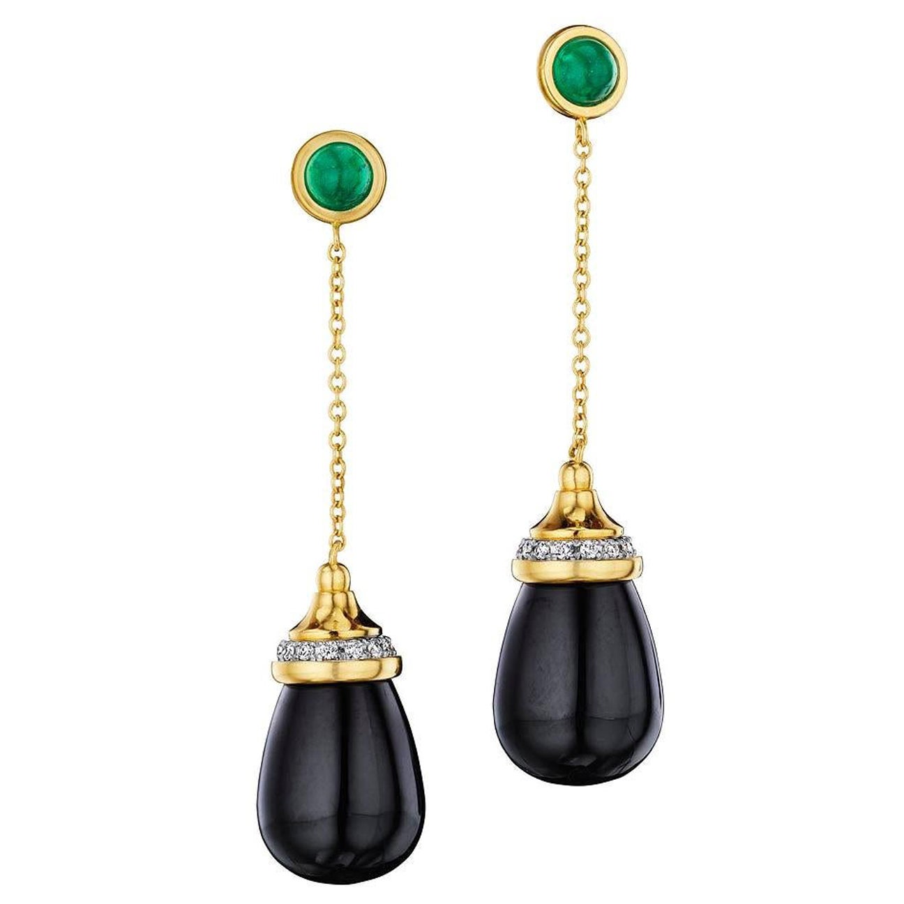 Syna Yellow Gold Black Spinel and Emerald Mogul Drop Chain Earrings For Sale