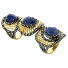 Knuckle Ring with Blue Sapphires Carvings Surrounded by Pave Diamonds