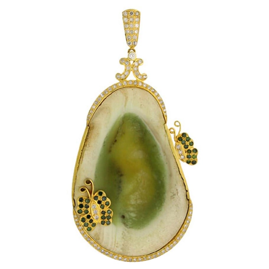 Sliced Jasper Pendant with Butterfles Made in 18k Yellow Gold with Diamond For Sale