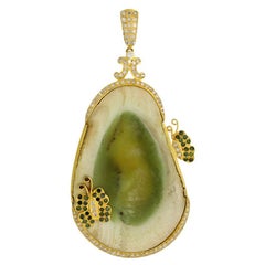 Sliced Jasper Pendant with Butterfles Made in 18k Yellow Gold with Diamond
