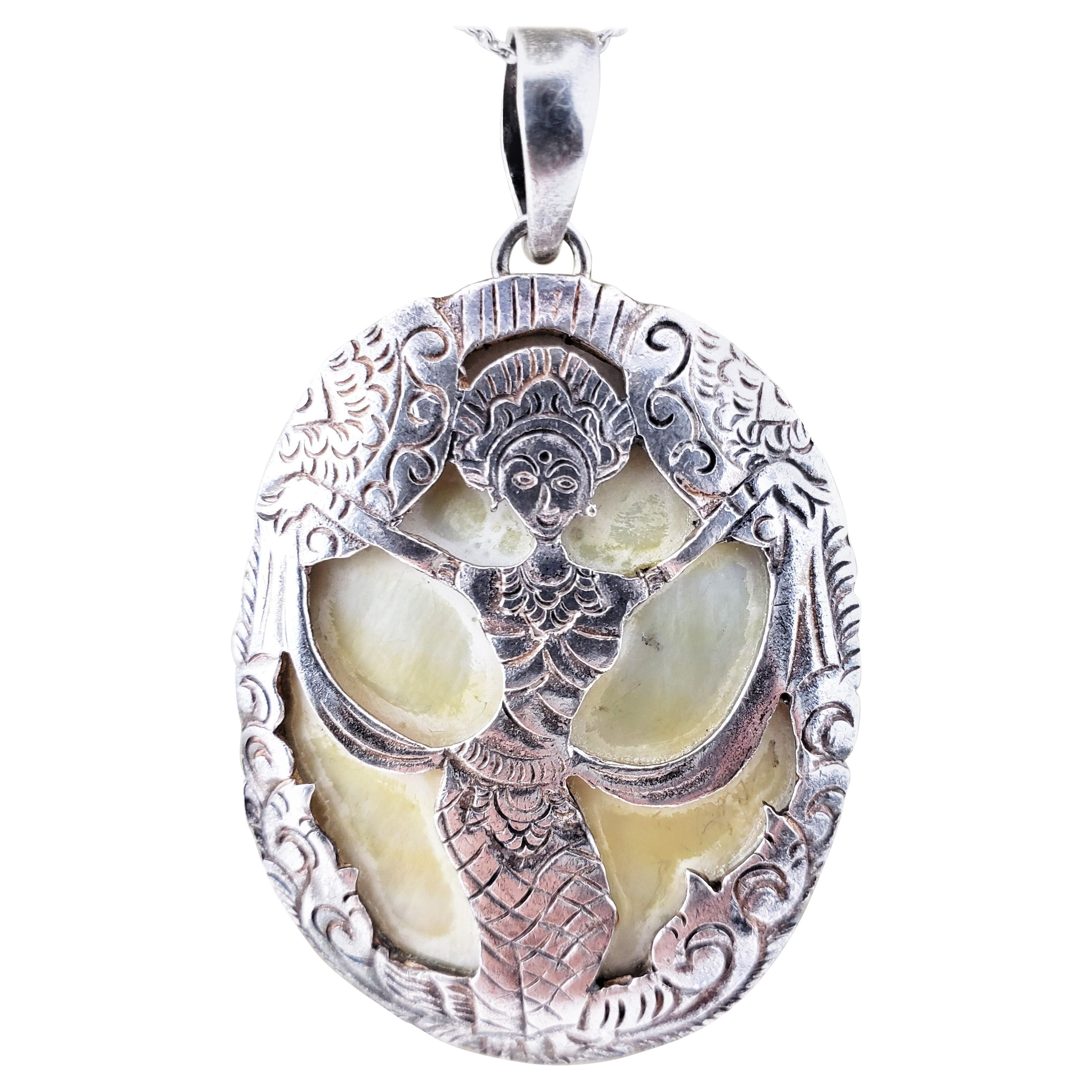 Siam Sterling Silver Overlay Shell Dancing Goddess Pendant For Sale