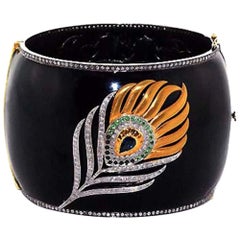 Enamel Bangle with Multi Gemstone & Pave Diamonds in Feather Pattern