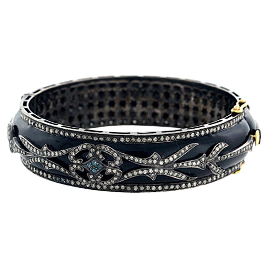 Navy Blue Enamel Bangle with Pave Diamonds Made in 18k Gold & Silver For Sale