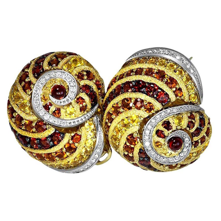 Alex Soldier, boucles d'oreilles escargots en or et platine, saphir, grenat, rubis, diamant et citrine en vente