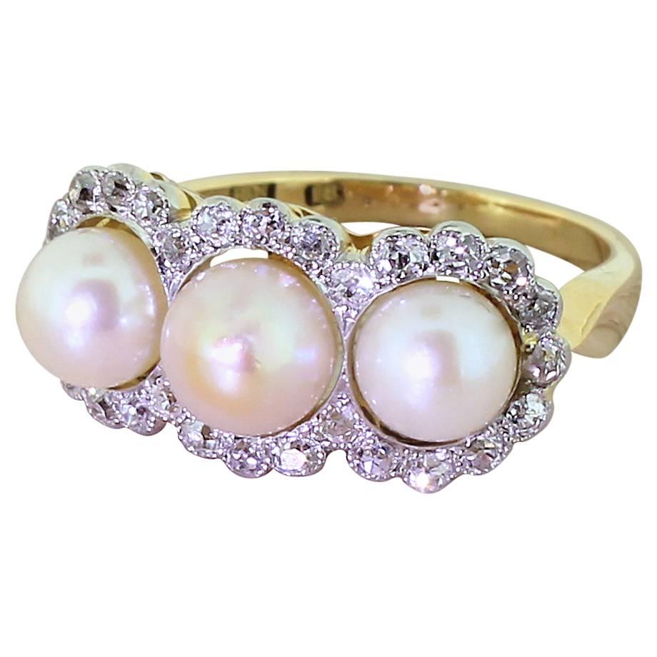 Art Deco Natural Pearl Old Cut Diamond Gold Triple Cluster Ring For Sale