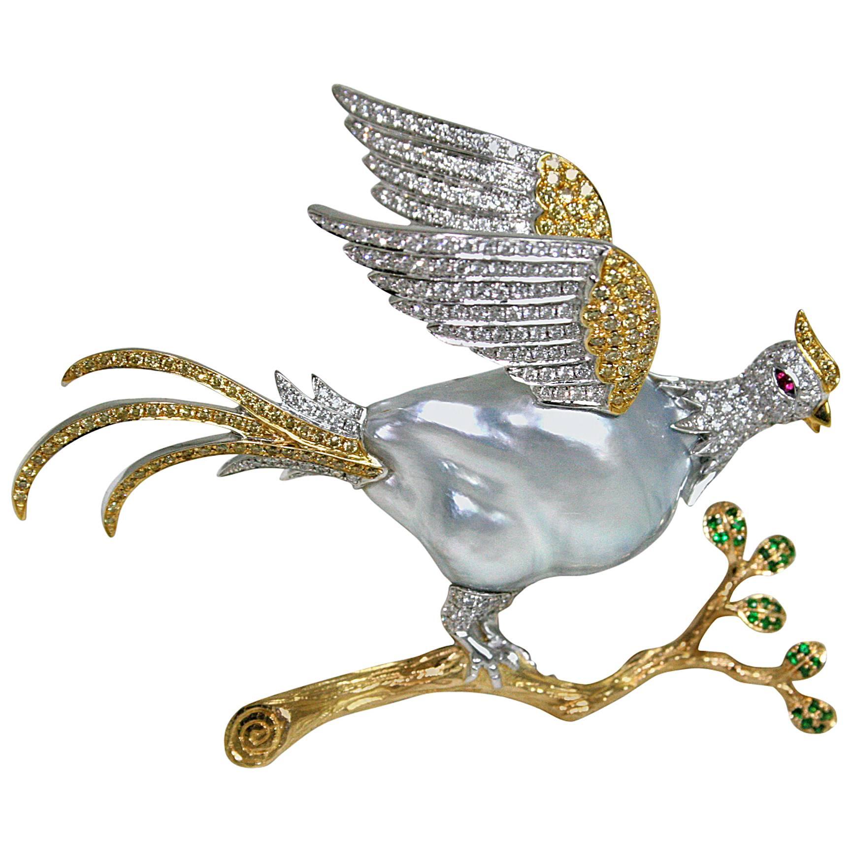 Baroque White South Sea Pearl, Diamond, Ruby and Gold Bird on Branch Brooch For Sale