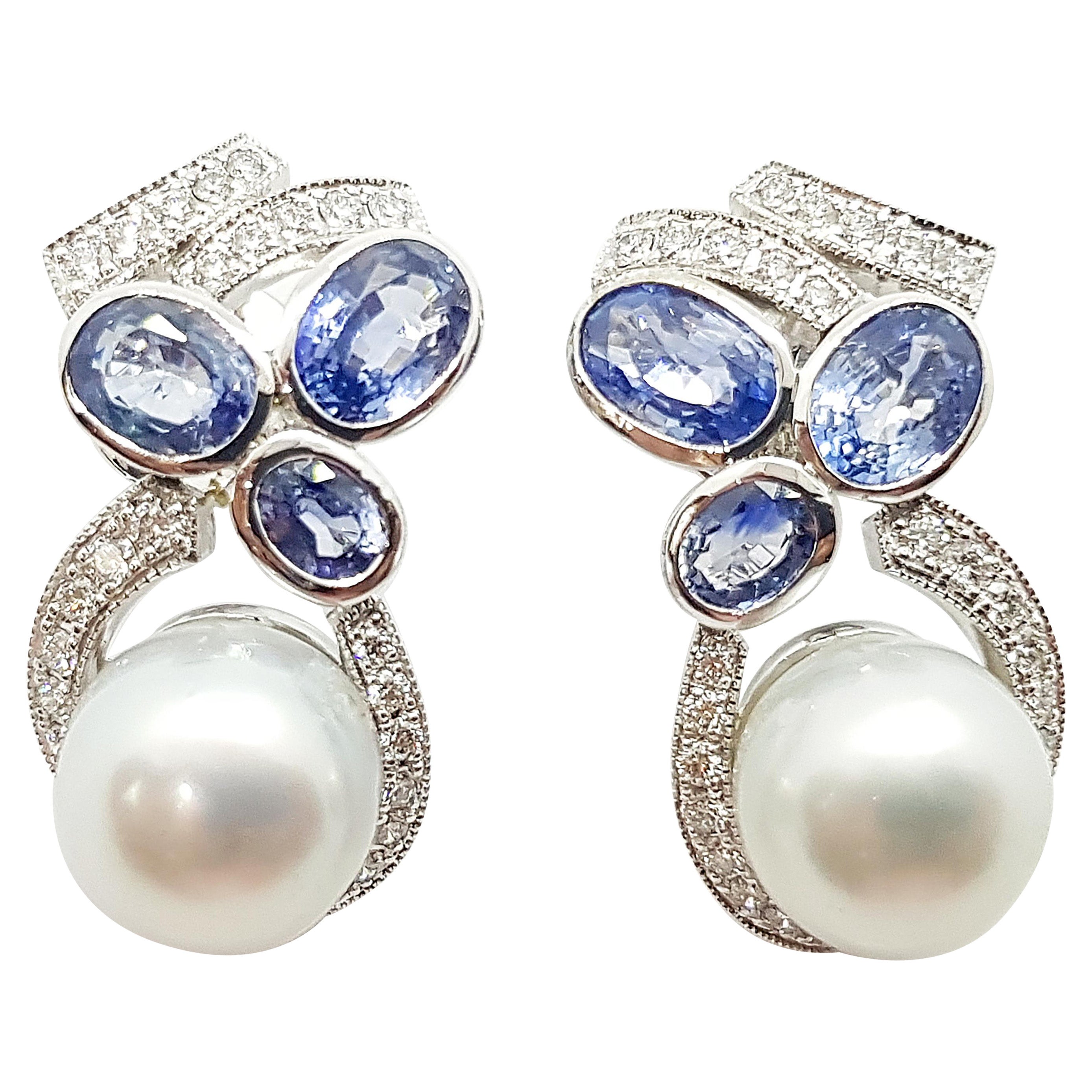 South Sea Pearl and Blue Sapphire with Diamond Earrings in 18 Karat White Gold For Sale