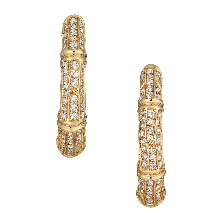 Cartier Diamond 18k Gold Bamboo Vintage Hoop Earrings For Sale