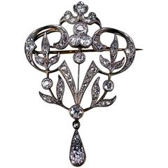 Antique Austrian Art Nouveau Diamonds 2 Carats Gold Brooch c1900