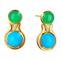 Syna Yellow Gold Chrysoprase and Turquoise Earrings with Champagne Diamonds