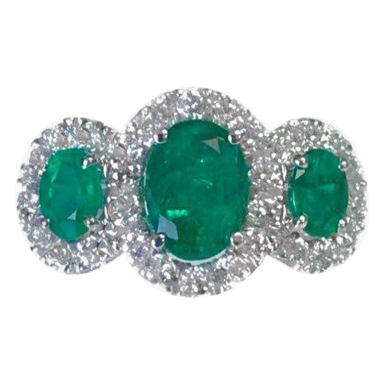 DiamondTown 2.03 Carat Oval Cut Emerald and Diamond Ring in 18k White Gold For Sale