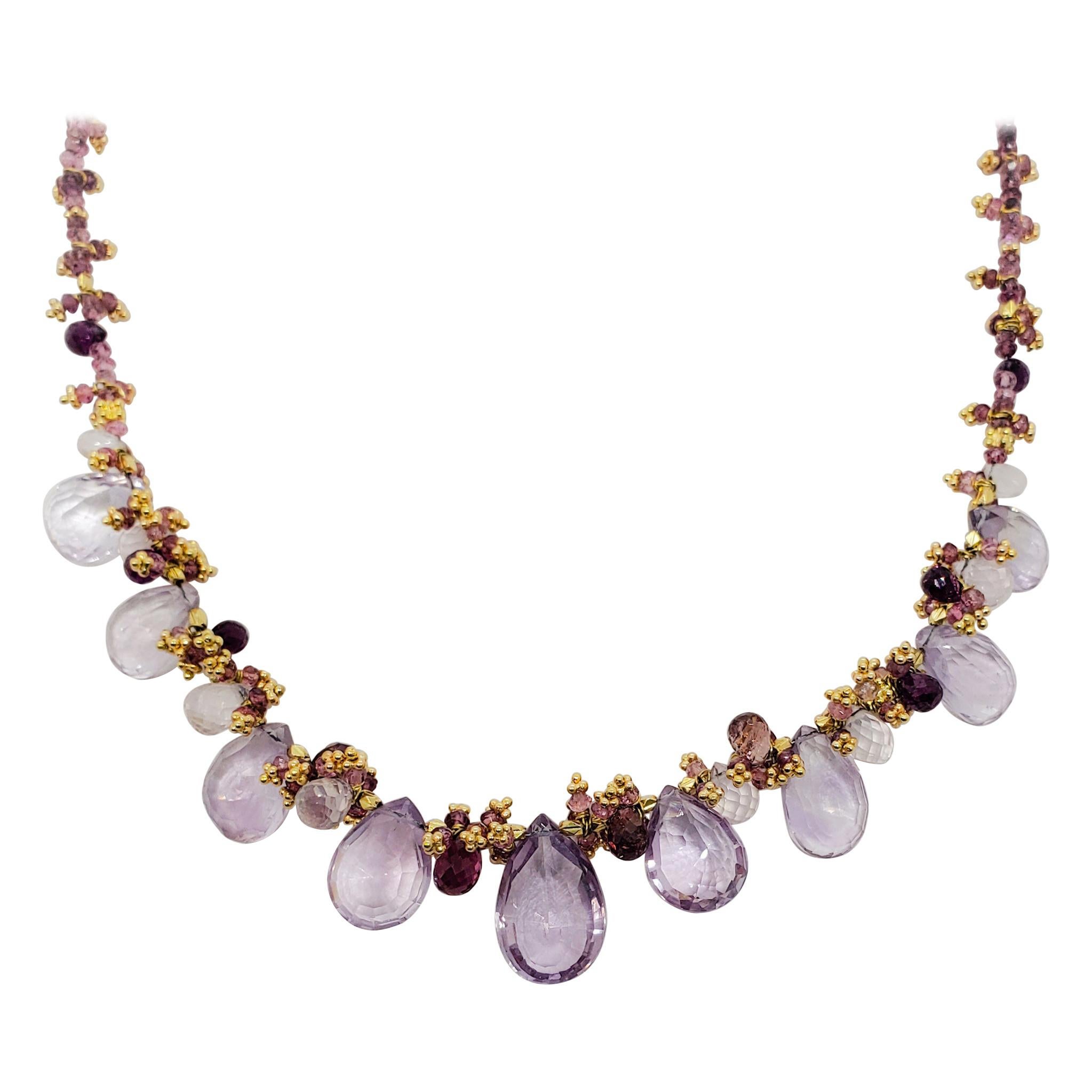 Estate Amethyst Multi Shape Necklace in 18k Yellow Gold For Sale