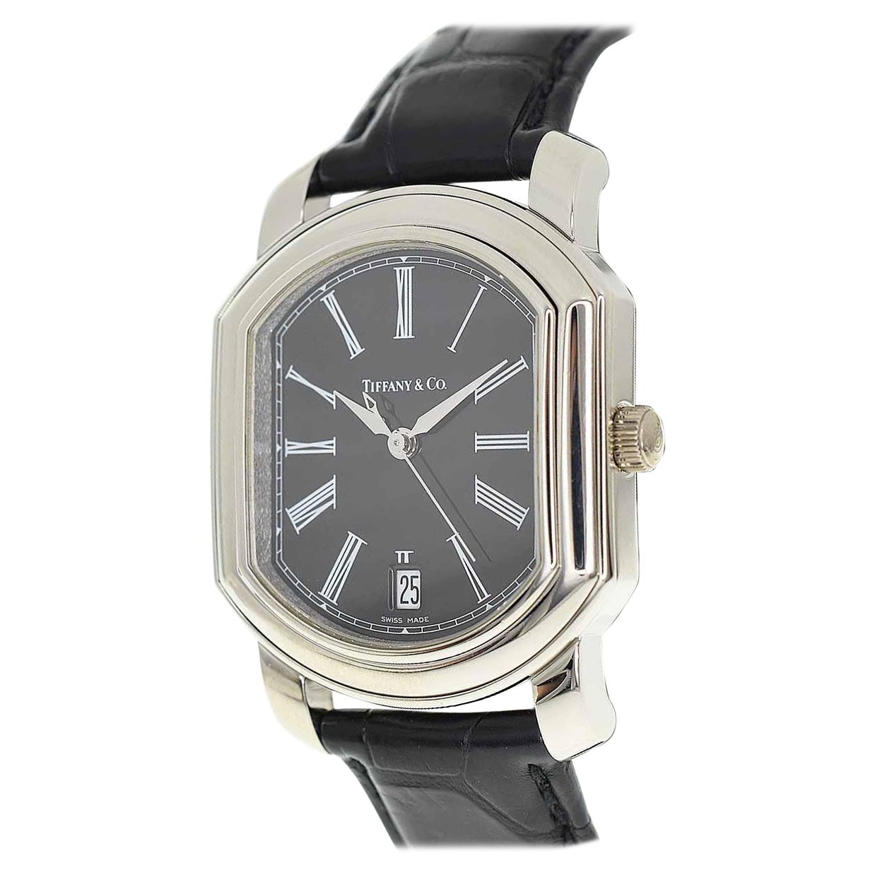 Tiffany&Co. Platinum Black Leather Strap Mark Coupe Watch Automatic Date Display
