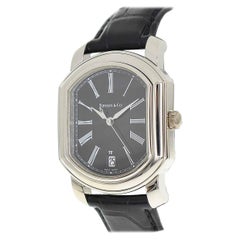 Tiffany&Co. Platinum Black Leather Strap Mark Coupe Watch Automatic Date Display