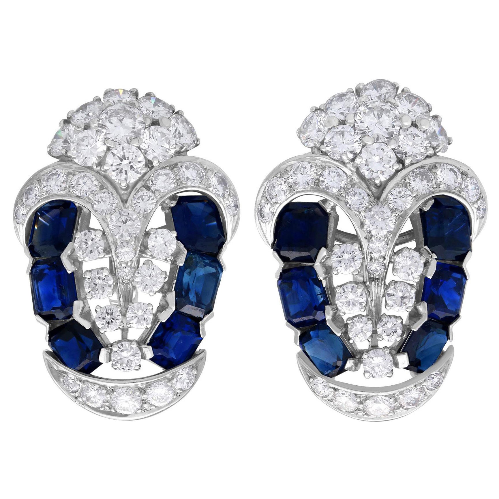 Art Deco 3.78 Carat Sapphire and 4.21 Carat Diamond Platinum Earrings, 1940s