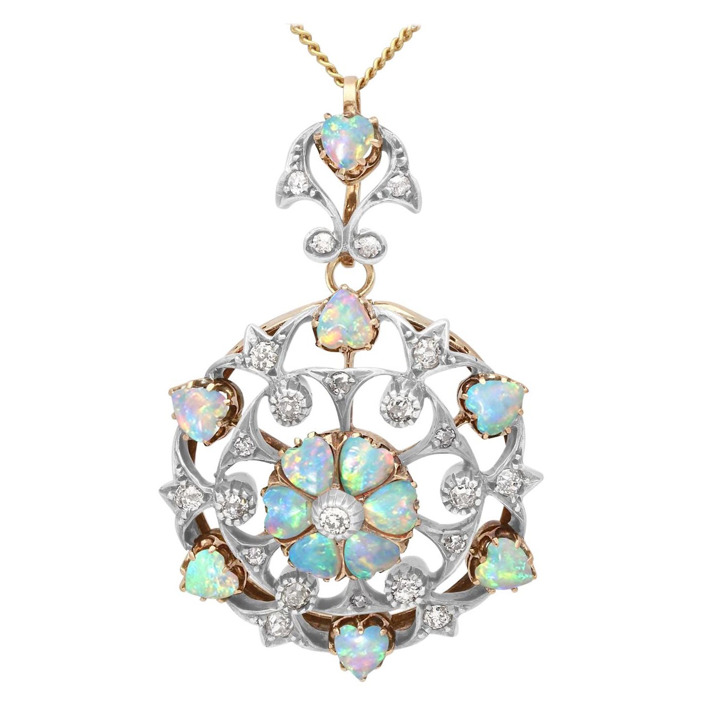 Antique 2.38 Carat Opal and Diamond Yellow Gold Pendant Brooch, 1880s