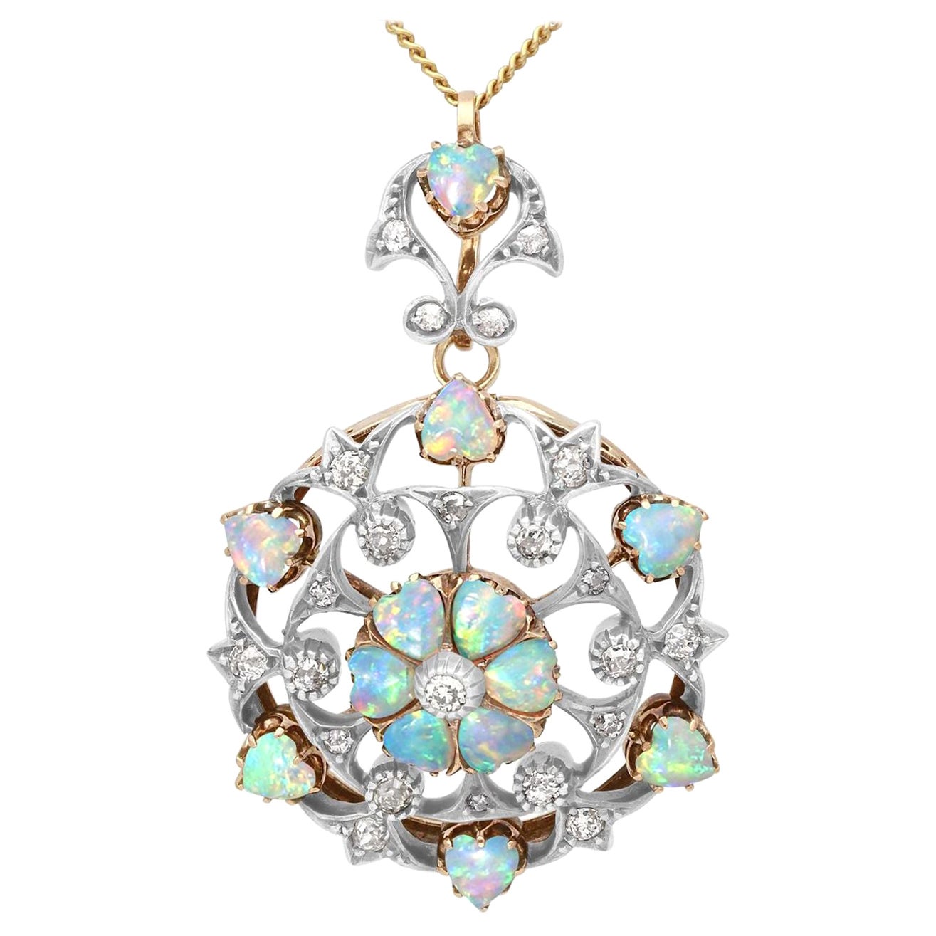 Antique 2.38 Carat Opal and Diamond Yellow Gold Pendant Brooch, 1880s For Sale