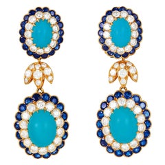 Van Cleef & Arpels Vintage Turquoise Sapphire Diamond Drop Ear Clips, circa 1965