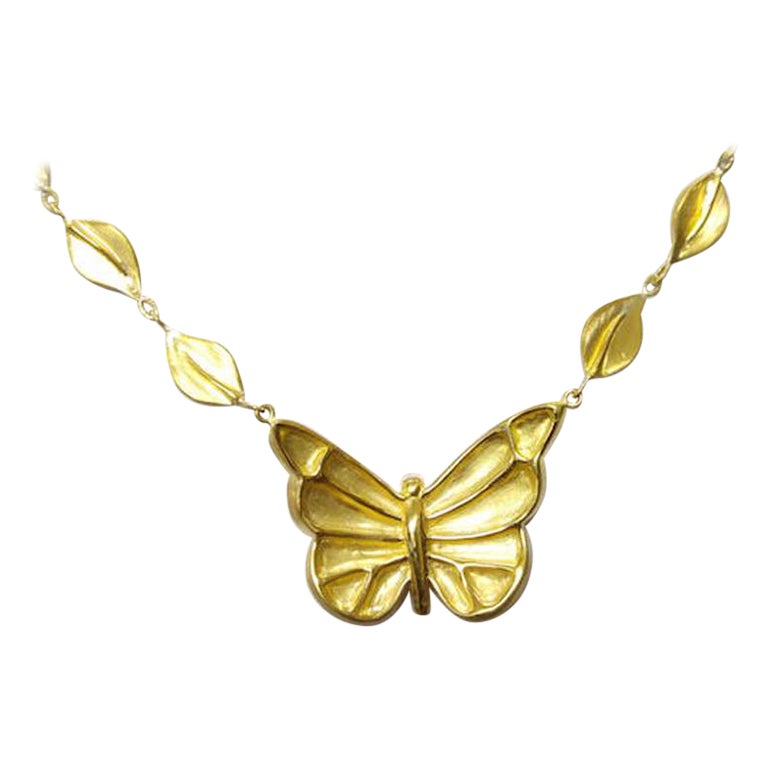 Hand Carved Butterfly Leaf Necklace in 22k Gold