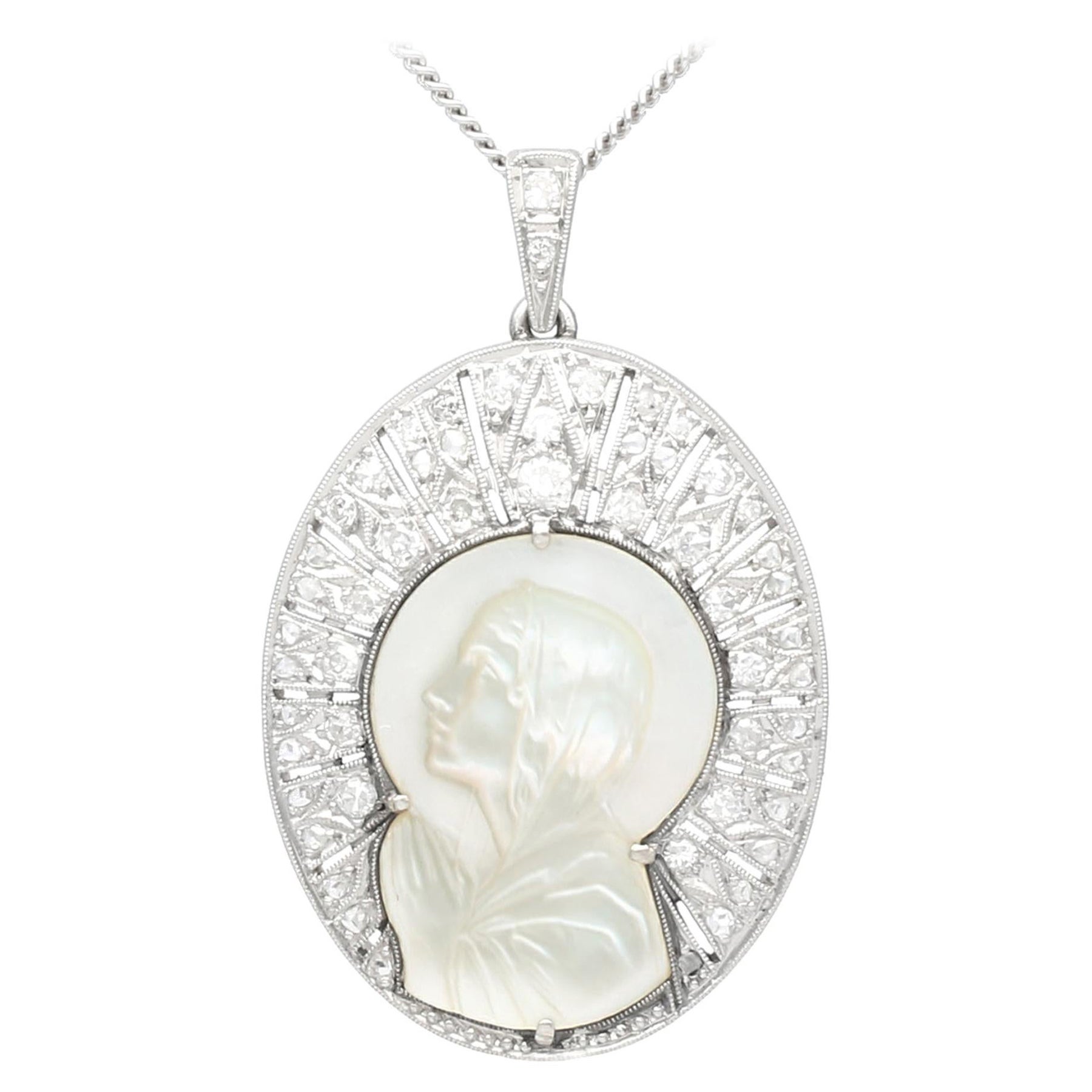 1920s Mother of Pearl and Diamond Platinum Pendant For Sale