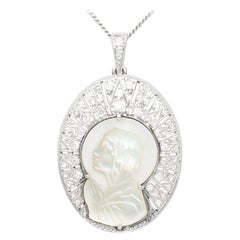 Antique 1920s Mother of Pearl and Diamond Platinum Pendant