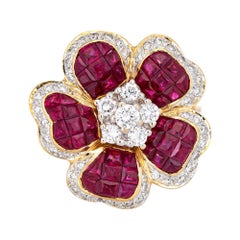 Invisible Set Ruby Diamond Flower Ring Vintage 18k Yellow Gold Cocktail Jewelry