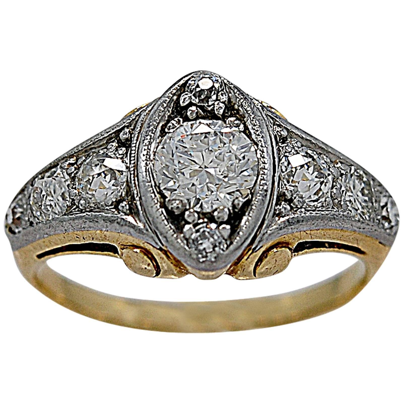 Art Deco .60 Carat Diamond Two Color Gold Engagement Ring