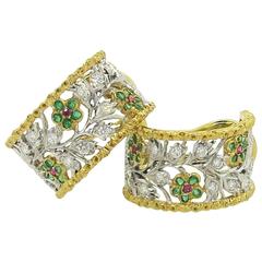 Buccellati Emerald Ruby Diamond Two Color Gold Hoop Flower Earrings 3