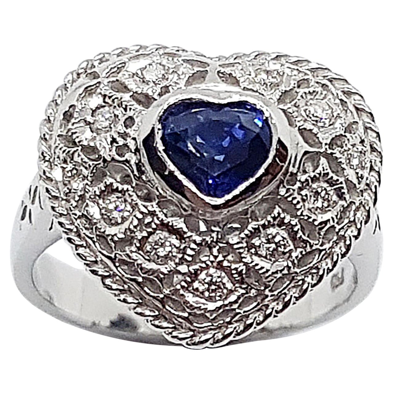 Heart Shape Blue Sapphire with Diamond Ring Set in 18 Karat White Gold Settings For Sale