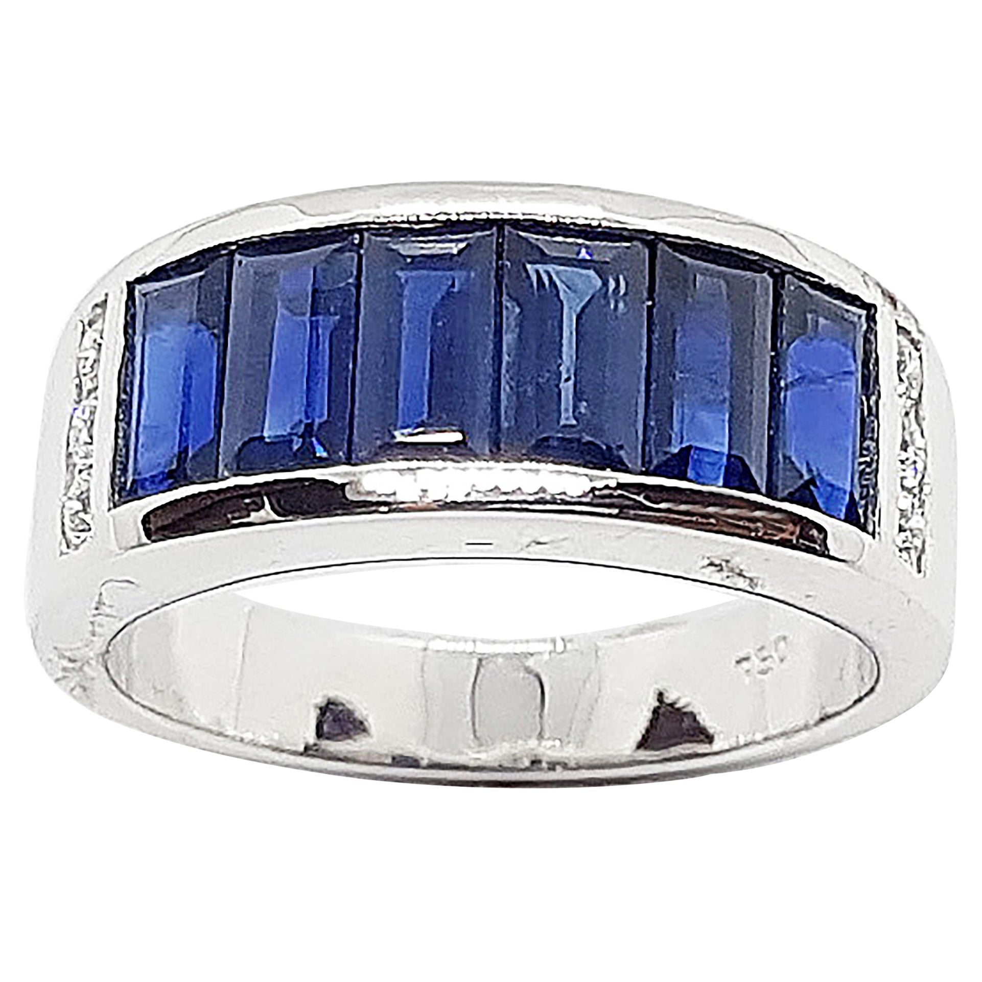 Baguette Blue Sapphire with Diamond Band Ring Set in 18 Karat White Gold  For Sale