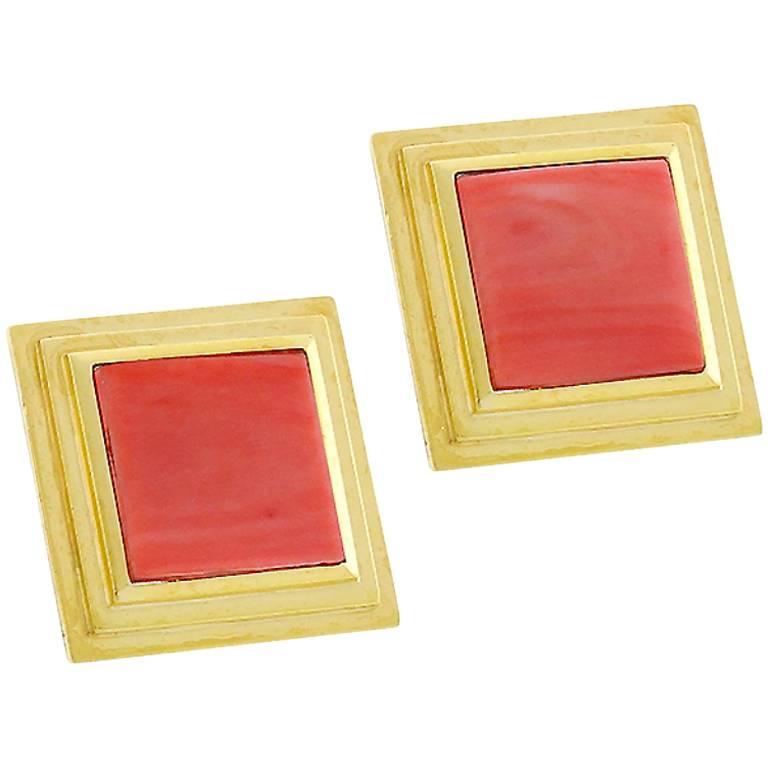 Elegant 1970s Square Cut Coral Gold Earrings