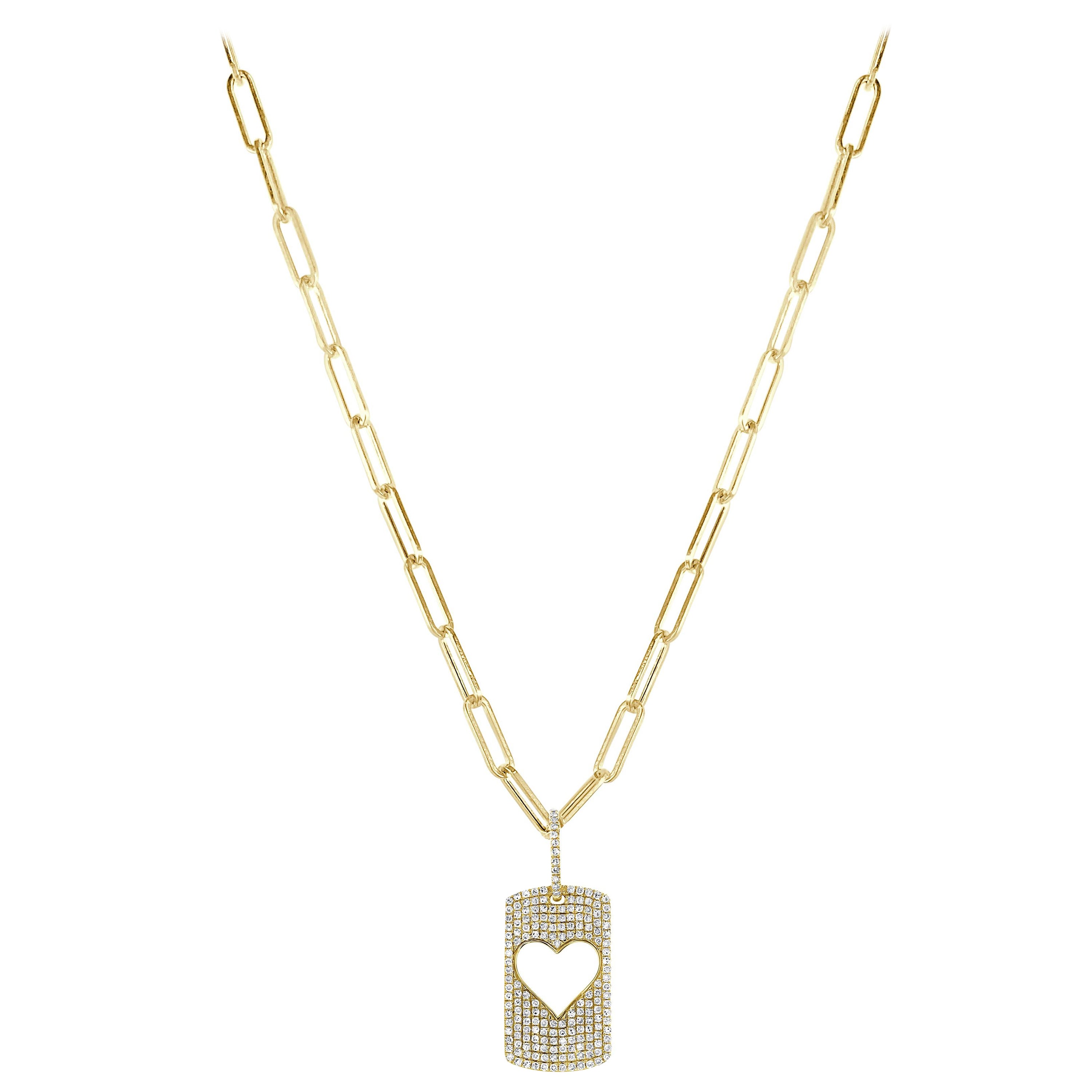 14 Karat Yellow Gold 0.58 Carat Diamond Open Heart Paperclip Chain Necklace For Sale