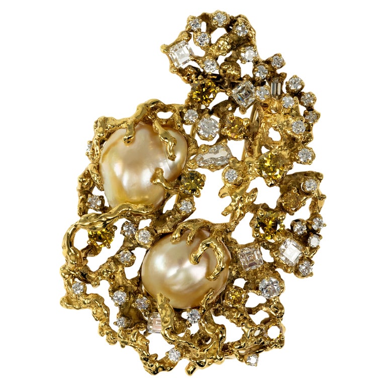 c. 1970s Arthur King Pearl, Diamond and Gold Brooch For Sale
