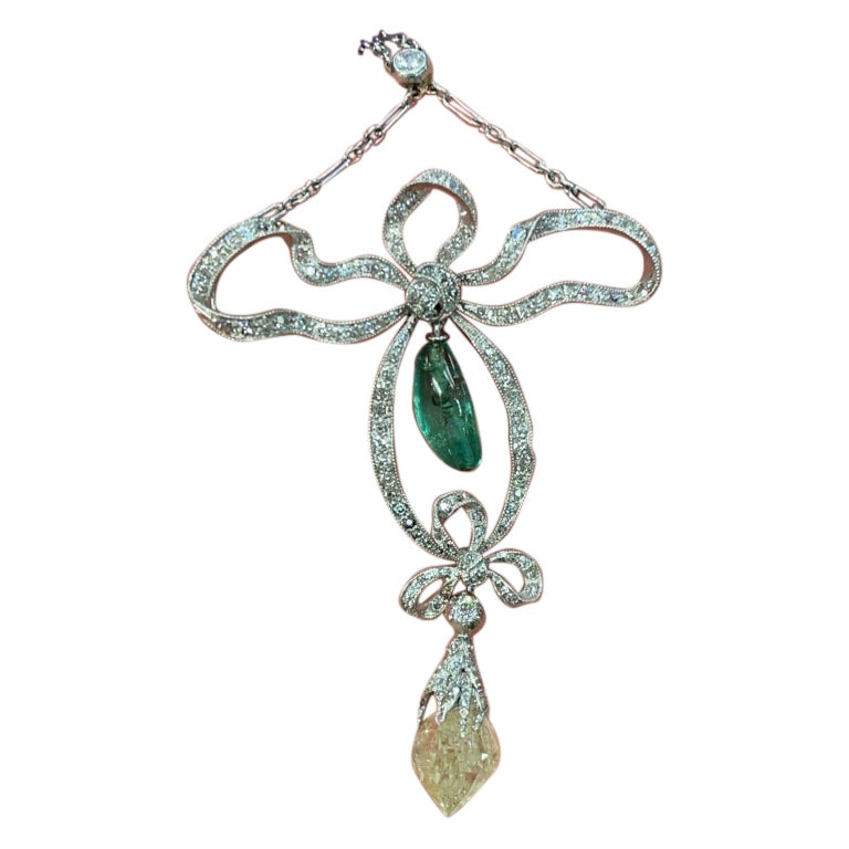 Art Deco Emerald & Diamond Briolette Bow Necklace For Sale