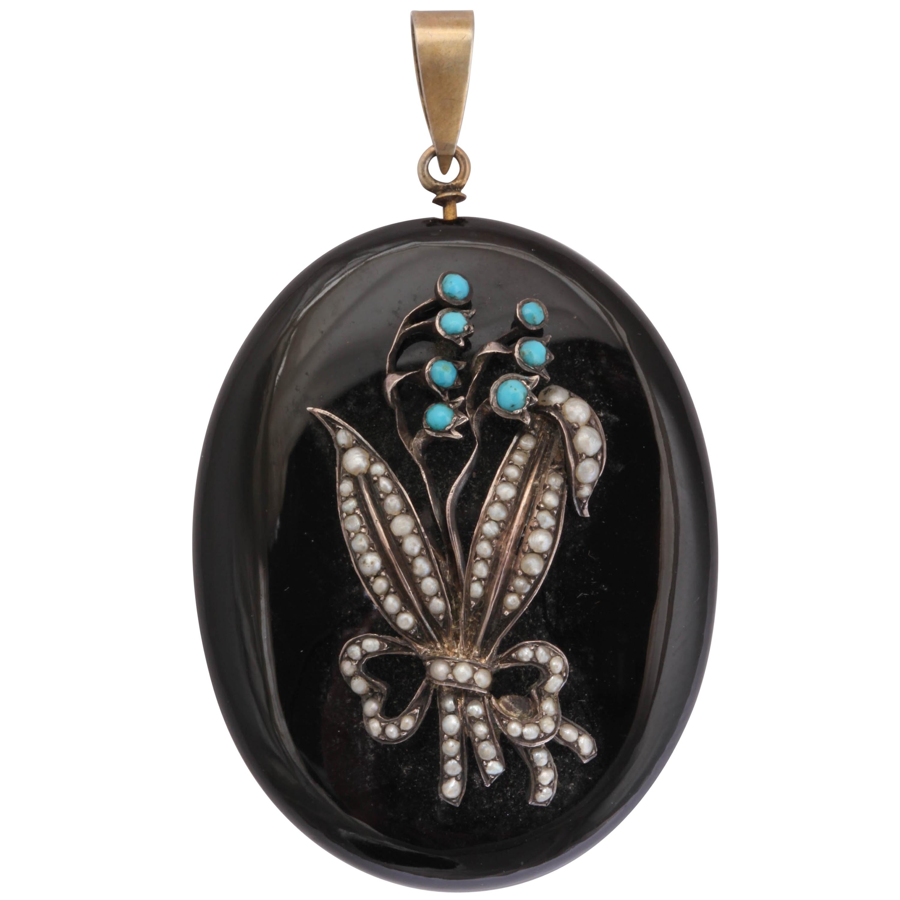 Victorian Turquoise, Natural Pearl, and Enamel Lily of the Valley Locket For Sale