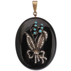 Antique Victorian Turquoise, Natural Pearl, and Enamel Lily of the Valley Locket