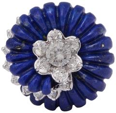 Spectacular Carved Lapis Diamond Gold Ring