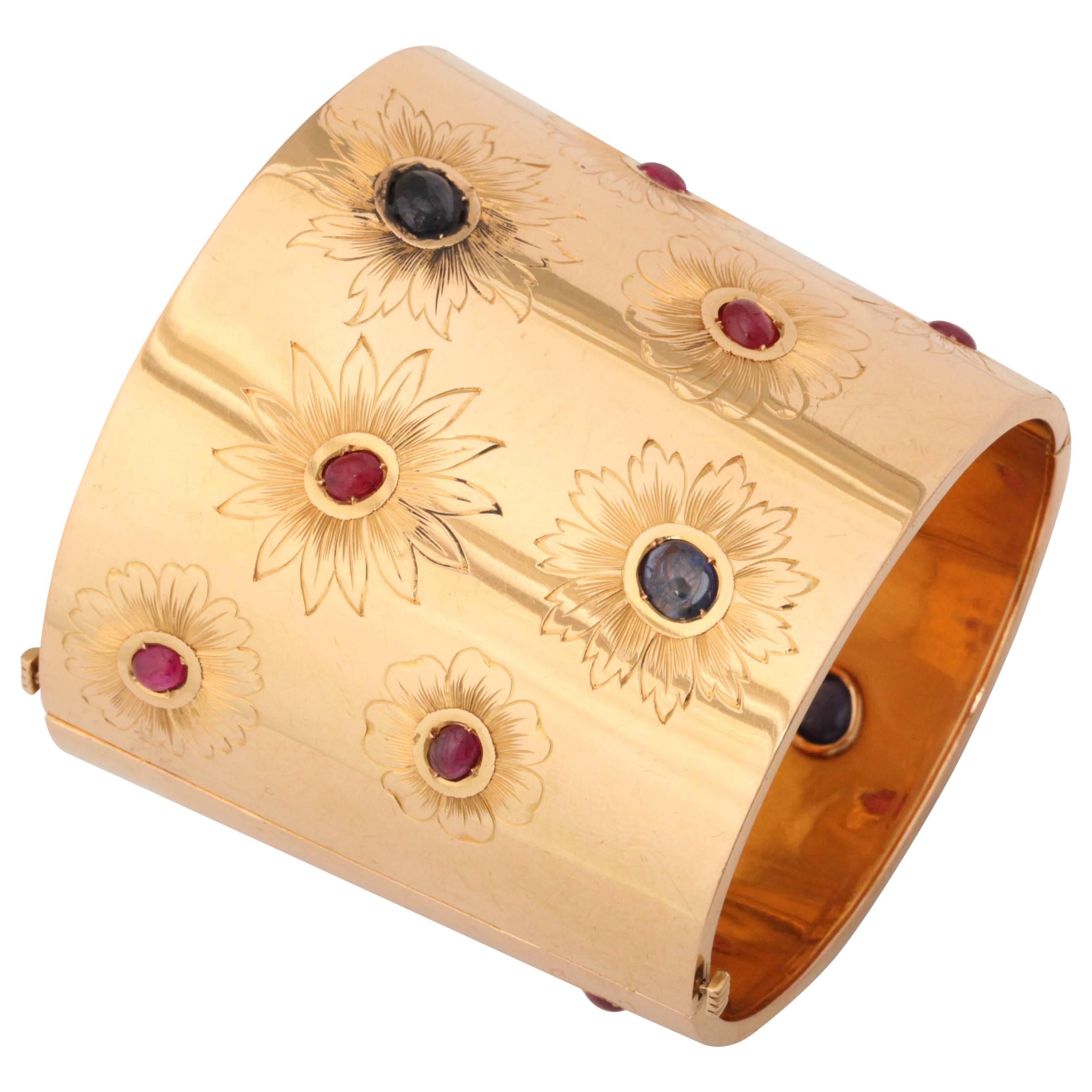 Sumptuous Ruby Sapphire Gold Cuff Bracelet For Sale