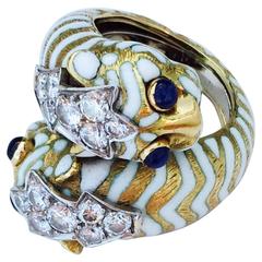 David Webb Diamond Sapphire Enamel Gold Tiger Bypass Ring