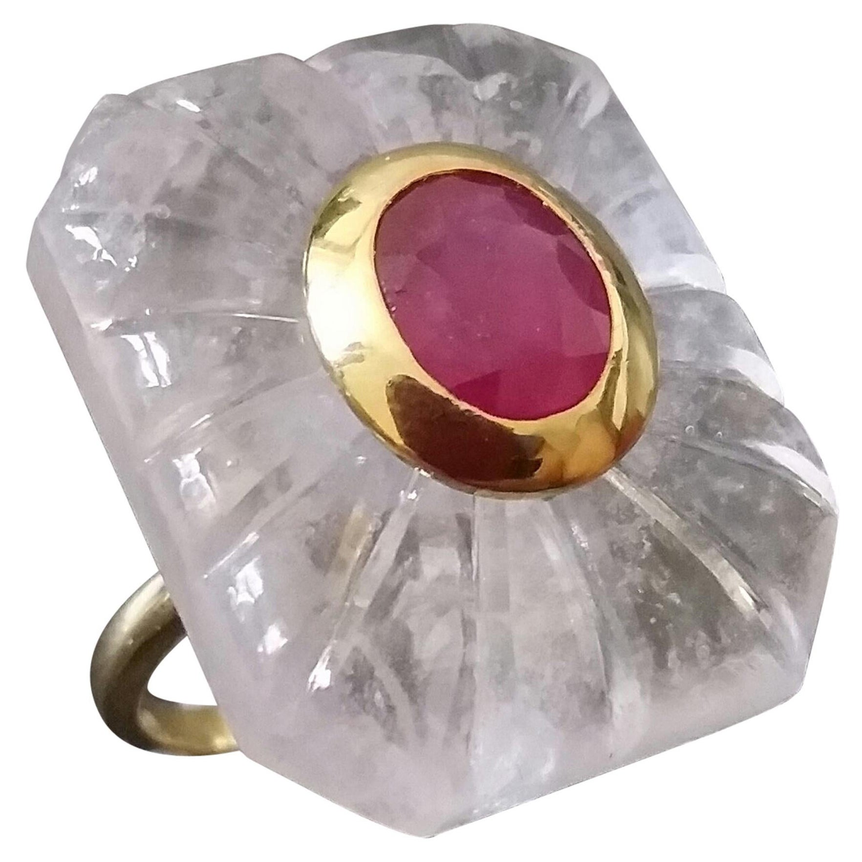 Engraved Octagon Shape Rock Crystal Faceted Oval Ruby 14 Kt Yellow Gold Ring For Sale