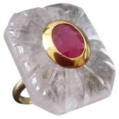 Engraved Octagon Shape Rock Crystal Faceted Oval Ruby 14 Kt Yellow Gold Ring